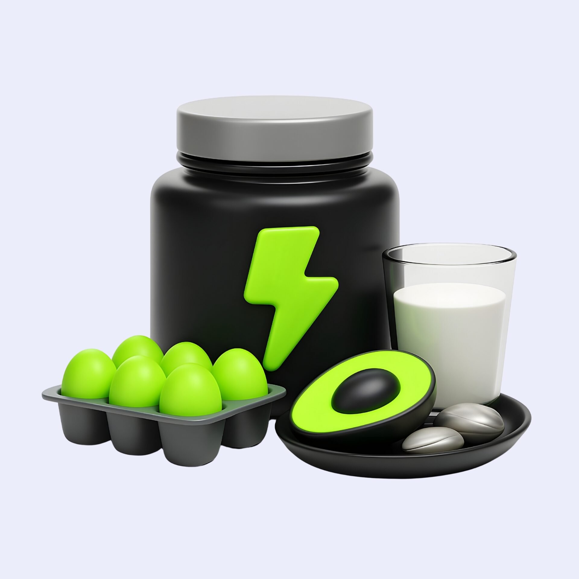 protein-supplement-3d-icon-protein-food-gym-supplement-healthy-diet-avocado-eggs-milk-and-supplements