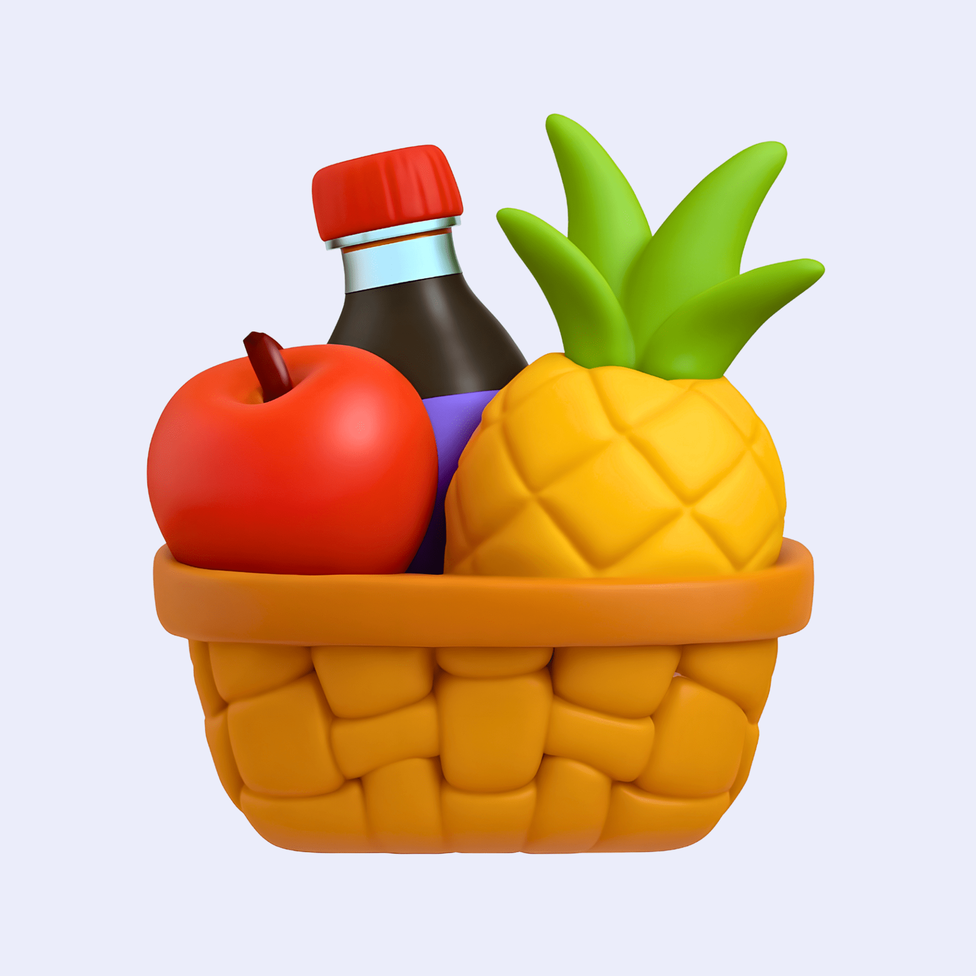 picnic-basket-3d-icon-camping-food-basket-shopping-bucket-hamper-holiday-vacation-travel-fruits-cart-fruit-coka-cola-soda-can-apple-pineapple